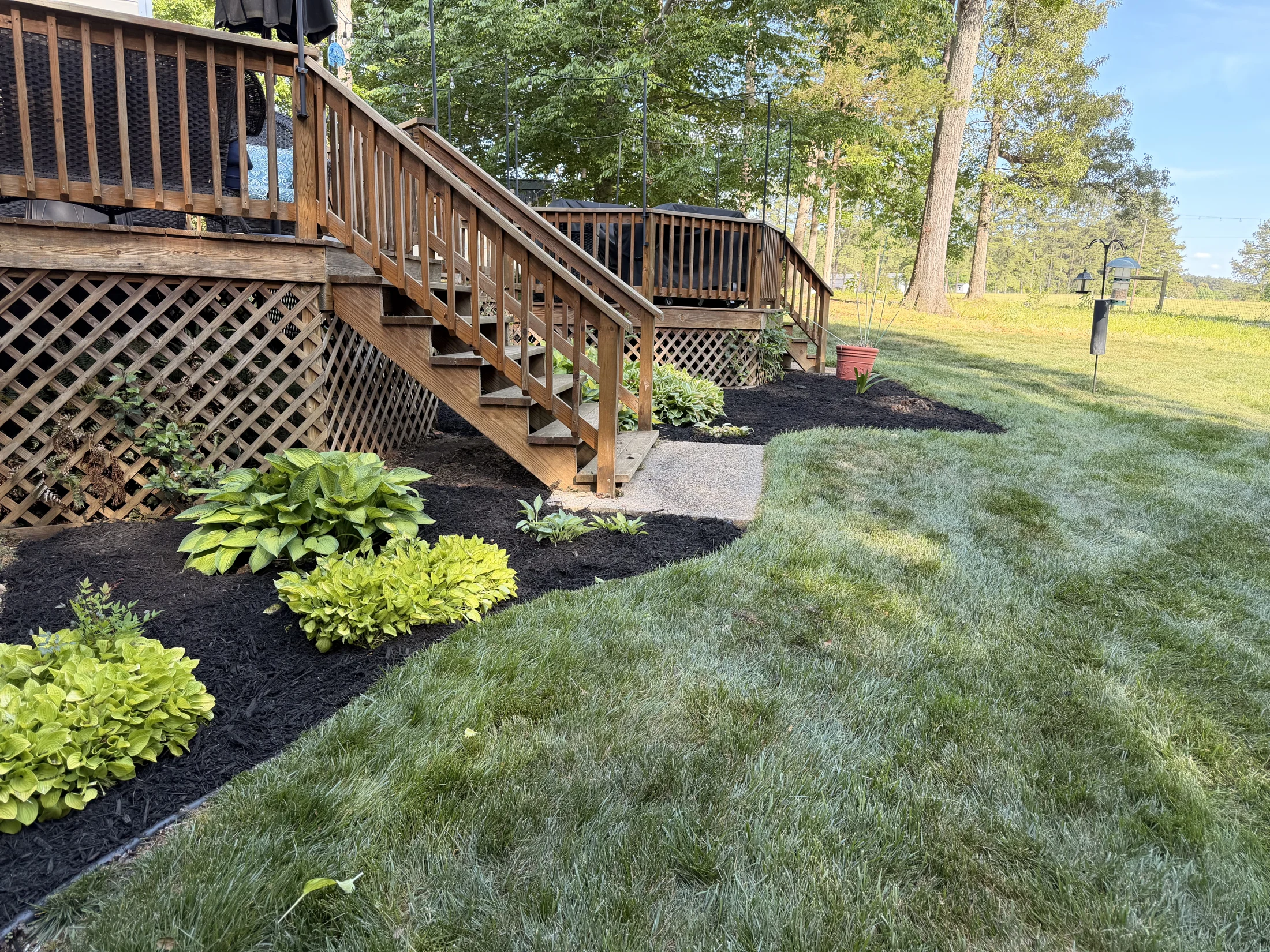 Fresh lawn and planting beds alongside a backyard deck
