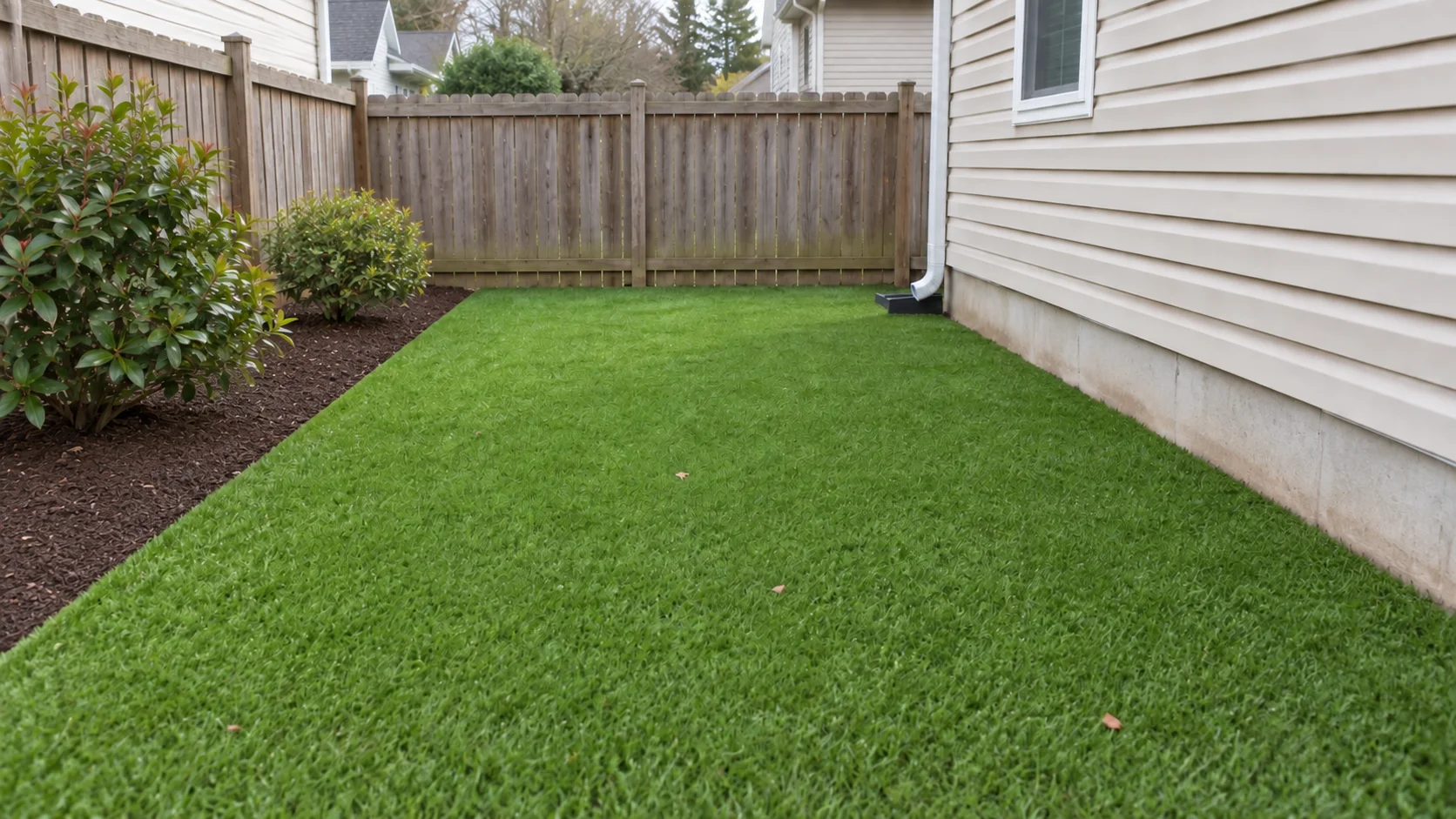Synthetic turf lawn bordered by planting beds
