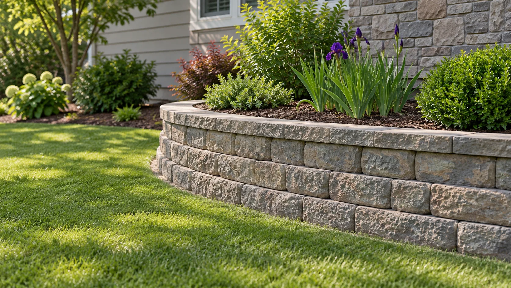 Concrete block retaining wall supporting a raised garden